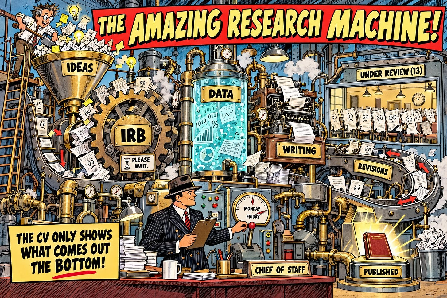 1940s Golden Age comic book panel, horizontal 16:9, aged newsprint with halftone dots, bold black ink outlines, limited palette of brick red, mustard yellow, teal, and cream. A giant brass research machine with gears, pipes, and puffs of steam. At the top, a wide funnel overflows with papers and light bulbs. Inside the machine, dozens of pages are stuck in gears and piled up waiting. At the bottom, a small chute drops a single shiny book. Beside the machine, an original hero character in a pinstripe suit and fedora calmly holds a clipboard. 1940s Golden Age comic book panel, horizontal 16:9, aged newsprint with halftone dots, bold black ink outlines, limited palette of brick red, mustard yellow, teal, and cream. A giant brass research machine with gears, pipes, and puffs of steam. At the top, a wide funnel overflows with papers and light bulbs. Inside the machine, dozens of pages are stuck in gears and piled up waiting. At the bottom, a small chute drops a single shiny book. Beside the machine, an original hero character in a pinstripe suit and fedora calmly holds a clipboard.