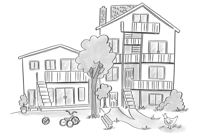 two houses side by side, with a chicken, tricycle and ball in the back yards two houses side by side, with a chicken, tricycle and ball in the back yards