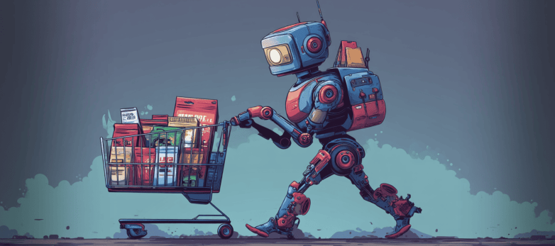 A colorful robotic figure pushing a shopping cart filled with various groceries and products. A colorful robotic figure pushing a shopping cart filled with various groceries and products.