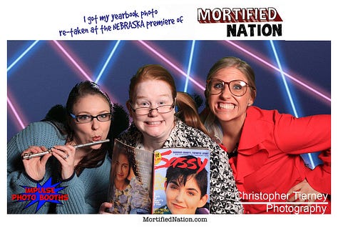 Several images with a laser light background. People wearing 80s hats, scarves, holding Sassy Magazine, or a piccolo, very retro and silly