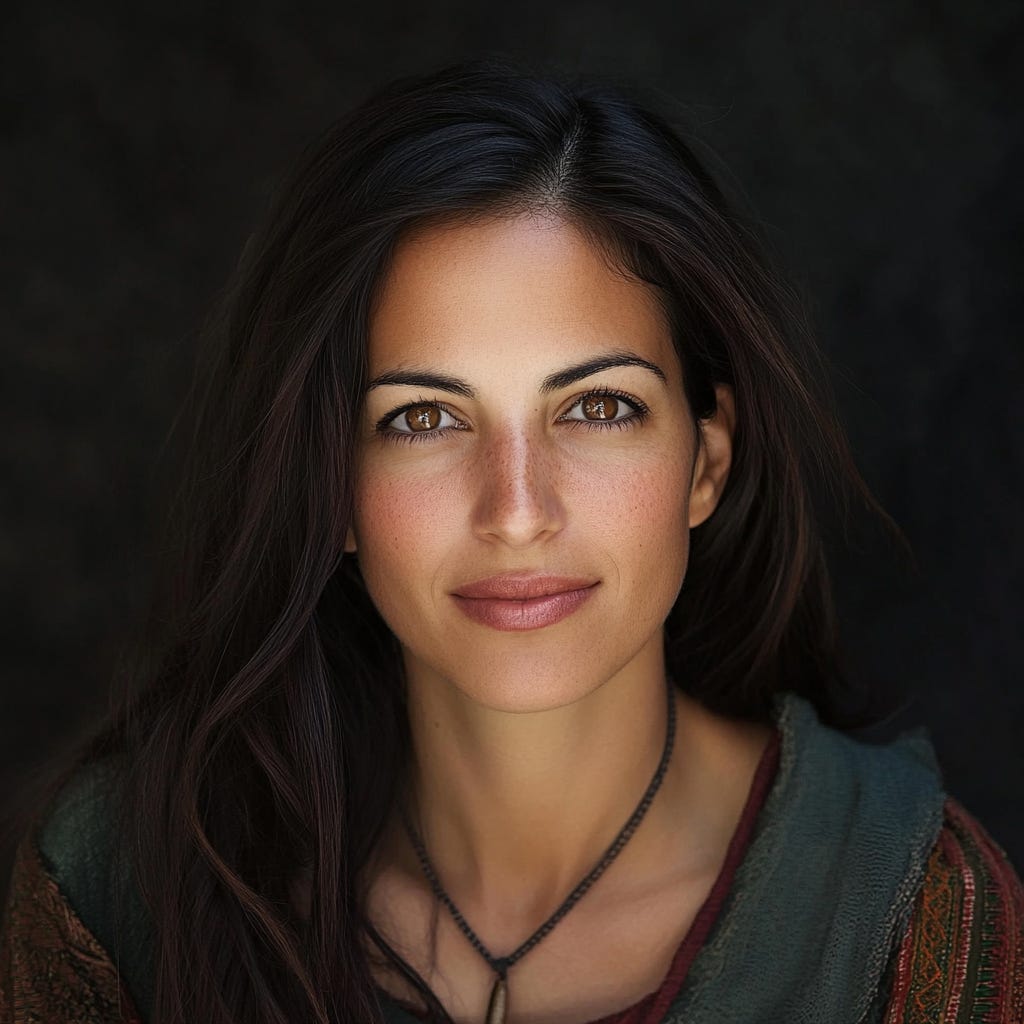 Liat Portal reimagined by Midjourney. A close-up portrait of a woman with long dark hair, wearing a colorful shawl and looking directly at the camera against a dark background. Liat Portal reimagined by Midjourney. A close-up portrait of a woman with long dark hair, wearing a colorful shawl and looking directly at the camera against a dark background.