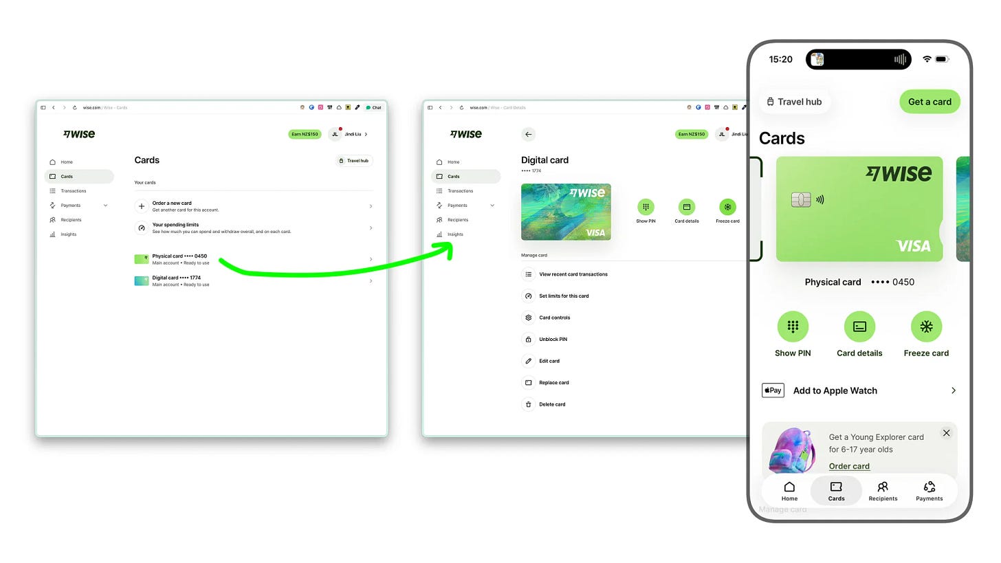 On the web you pick the card, then act on it. In the app the buttons sit under a carousel with no selected state, and the one on the right switches off your ability to pay. On the web you pick the card, then act on it. In the app the buttons sit under a carousel with no selected state, and the one on the right switches off your ability to pay.
