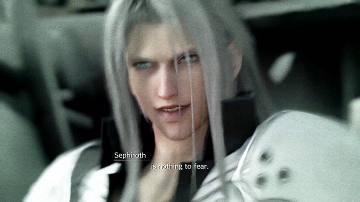 Cloud sees another black-robed man as Sephiroth and is confronted with the Reunion.