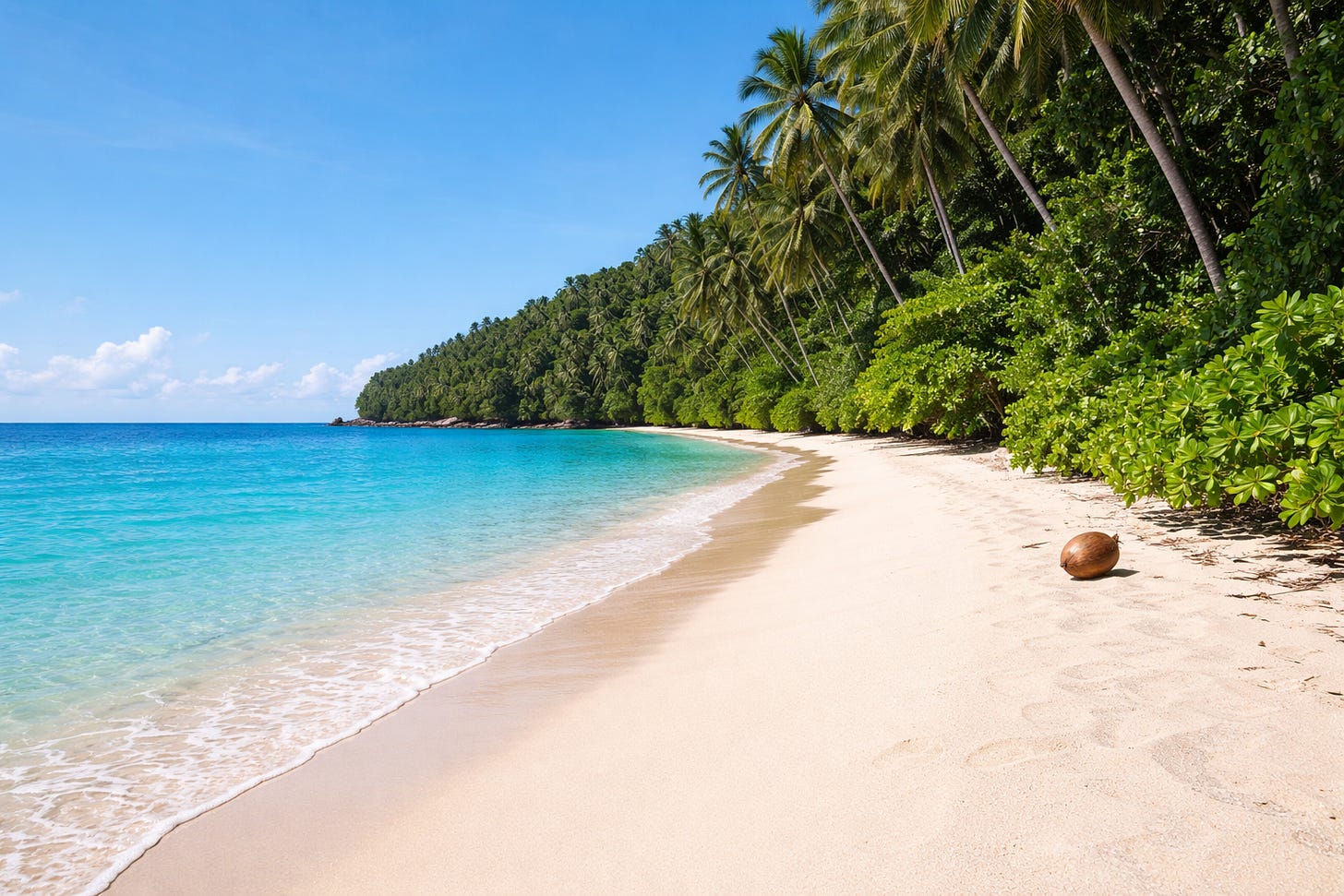 A pristine tropical beach with white sand and clear blue water, bordered by dense green jungle on one side. A single coconut rests near the treeline under bright daylight, with no people or footprints visible. A pristine tropical beach with white sand and clear blue water, bordered by dense green jungle on one side. A single coconut rests near the treeline under bright daylight, with no people or footprints visible.