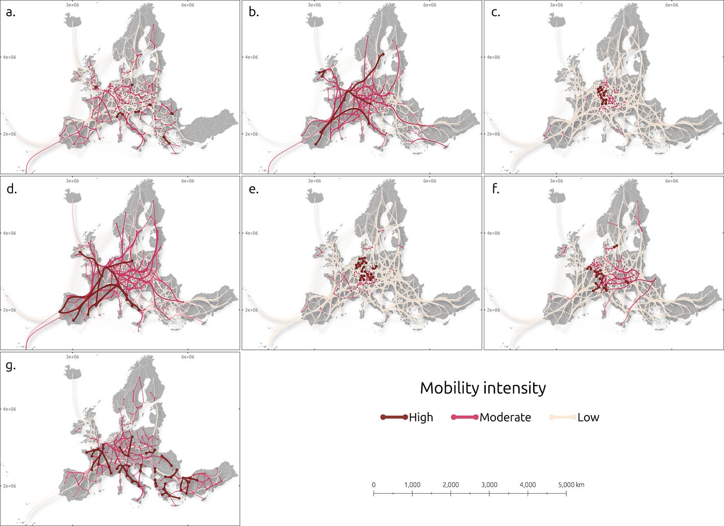 Fig. 1: Spatial distribution of regional mobility flows across Europe. Fig. 1: Spatial distribution of regional mobility flows across Europe.