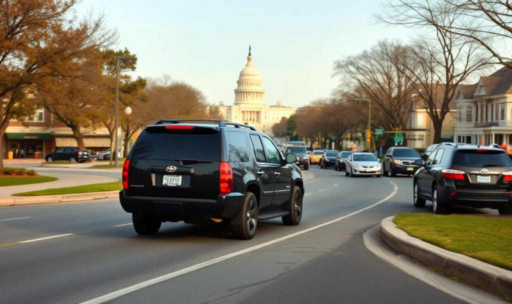 A black government SUV Driving away from us ata curve in the road - Driving through Suburban DC traffic - You can see THe Capital Building a bit in the back ground - Stores and Houses - Along the way giving us the feel off the DC Area A black government SUV Driving away from us ata curve in the road - Driving through Suburban DC traffic - You can see THe Capital Building a bit in the back ground - Stores and Houses - Along the way giving us the feel off the DC Area