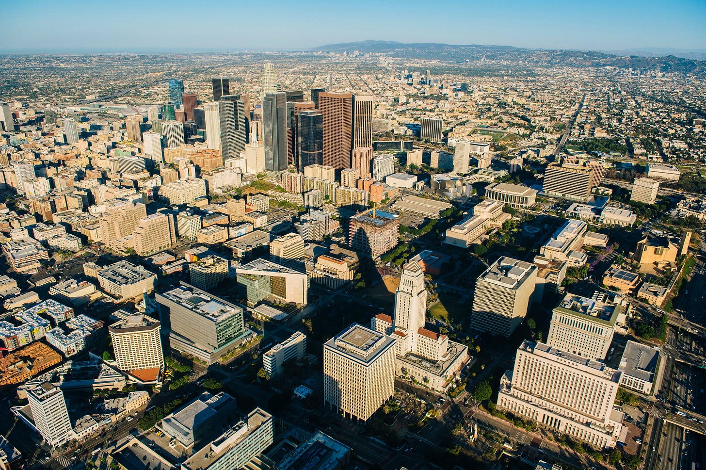 Aerial view of downtown los angeles with skyscrapers and buildings.