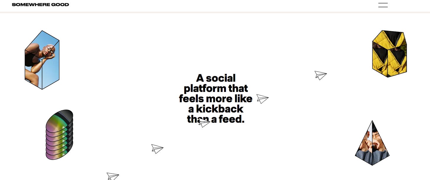Image description: This is a screen grab from the site Somewhere Good with white open space, paper planes, and small shapes filed with user avatars.