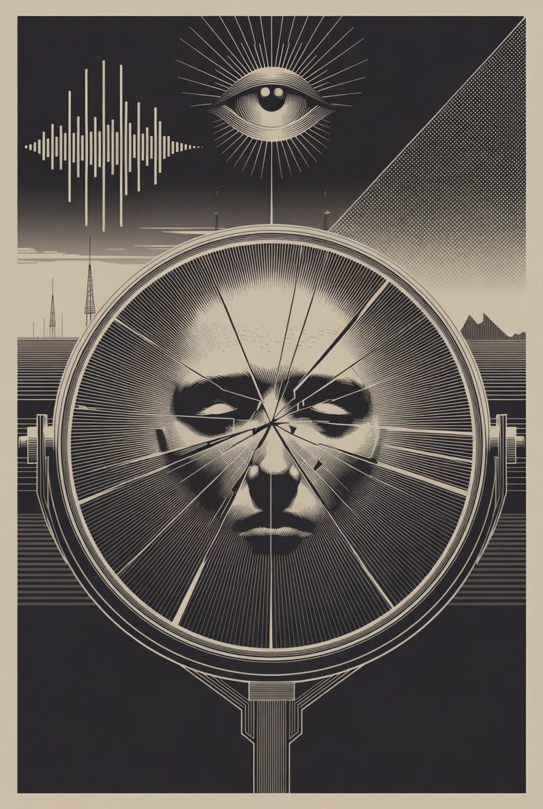 A 1920s poster-style monochromatic artwork featuring a cracked mirror reflecting a face, with symbolic elements of observation and surveillance. A 1920s poster-style monochromatic artwork featuring a cracked mirror reflecting a face, with symbolic elements of observation and surveillance.