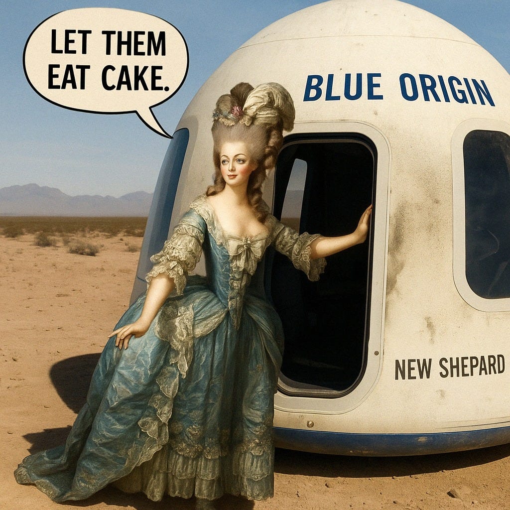 May be an image of 1 person and text that says 'LET THEM EAT CAKE. BLUE ORIGIN NEW NEWSHEPARD SHEPARD'