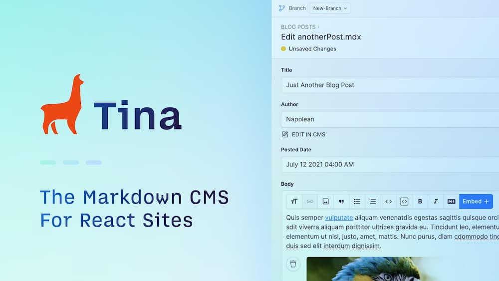 Tina.io is a headless CMS for Markdown-powered sites Tina.io is a headless CMS for Markdown-powered sites