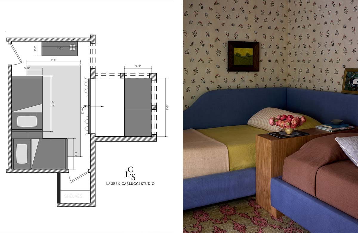 Floor plan of bedroom, on left, and realized twin bed set up in corner, on right