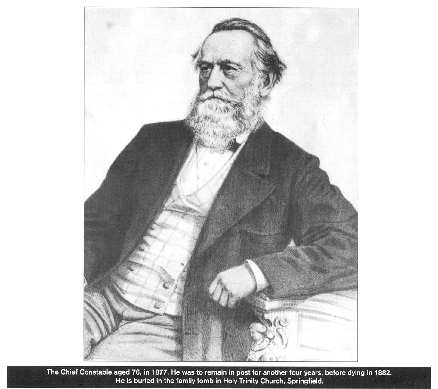 A sketch of Admiral McHardy in his older years. He is sitting in a chair, leaning one elbow on the side. He has a grey beard and moustache and greying hair. 