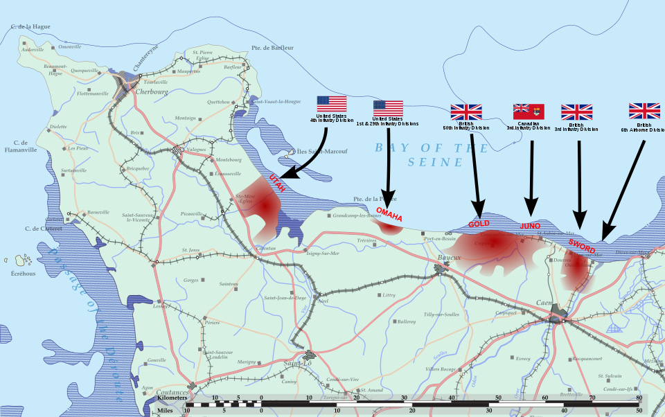 A color map of the Normandy region depicting the D-Day landing beaches by name and associated Allied country assigned to each beach. 
