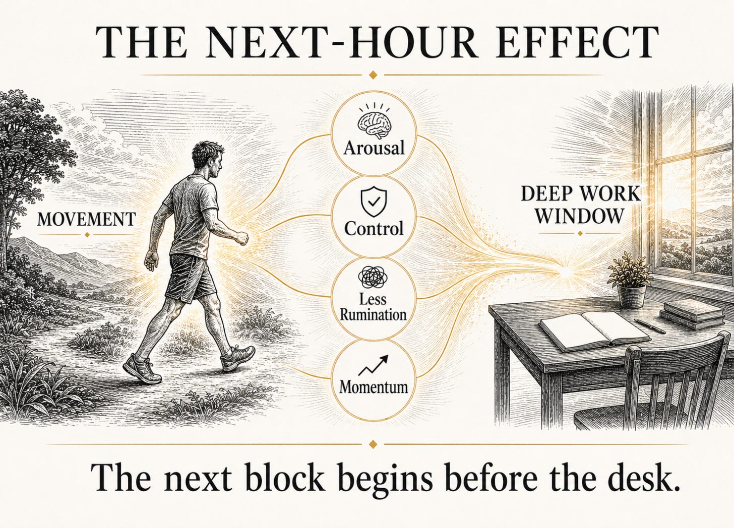 A radial diagram links pre-work movement to arousal, executive control, reduced rumination, and embodied momentum before a work block.