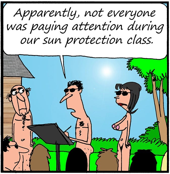 Panel 2: He continues, “Apparently, not everyone was paying attention during our sun protection class.”
