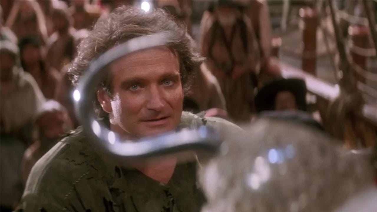 Robin Williams as Peter Banning/Peter Pan in Steven Spielberg's 1991 fantasy film Hook.