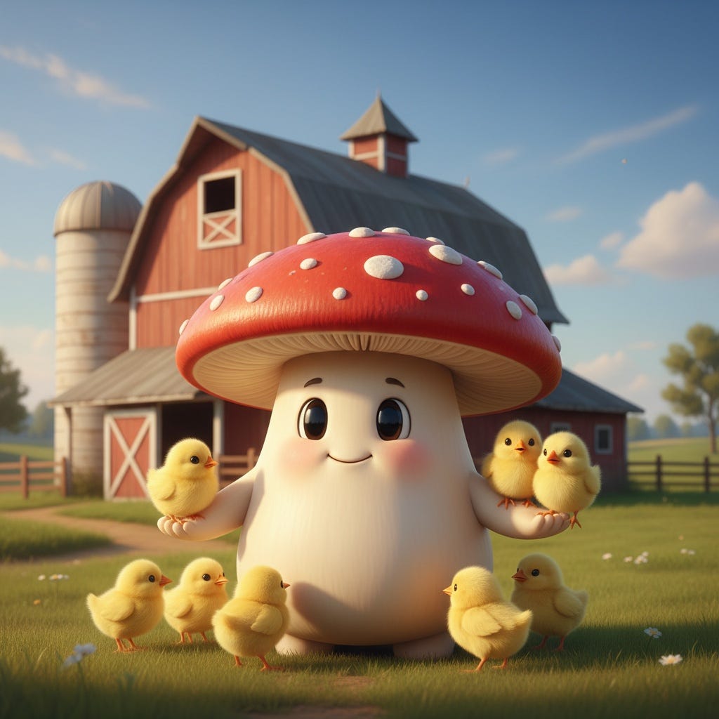 A cartoon character with a mushroom and chicks

AI-generated content may be incorrect.