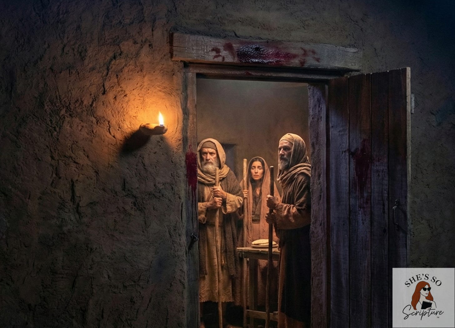 Ancient Passover scene showing a Hebrew family inside their home with light glowing within, marked doorposts, and darkness outside, symbolizing obedience and deliverance.