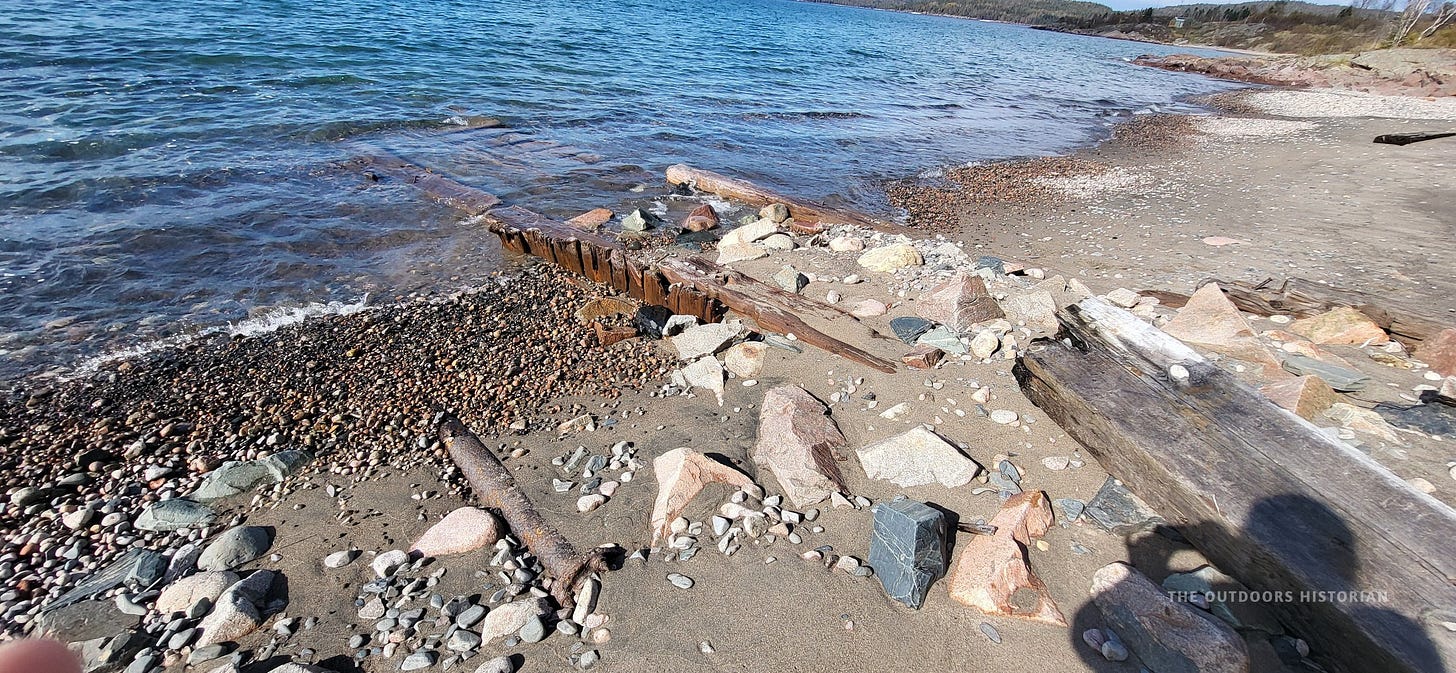 A row of old, jagged wooden pilings sticking out of the sandy beach and shallow water, leading out into the lake. The author's shadow taking a picture is shown in the righthand corner.