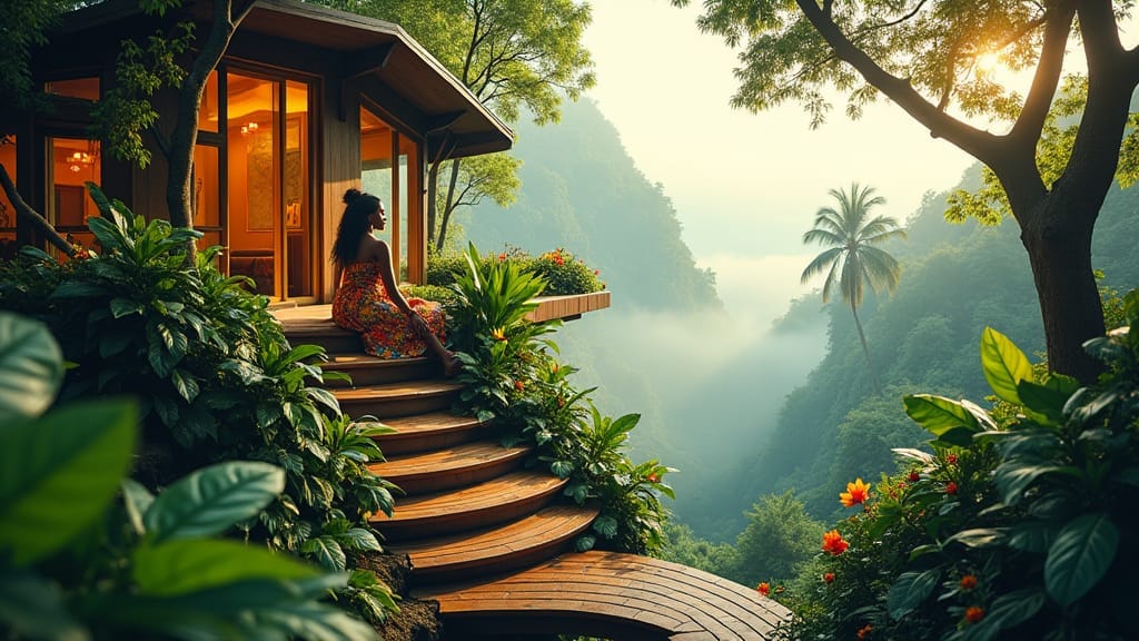 A serene Jamaican woman in a vibrant sundress, surrounded by lush greenery, sitting on the balcony of a modern treehouse, overlooking a misty valley, with a winding staircase leading up to the cozy abode, adorned with colorful tropical flowers and lush foliage