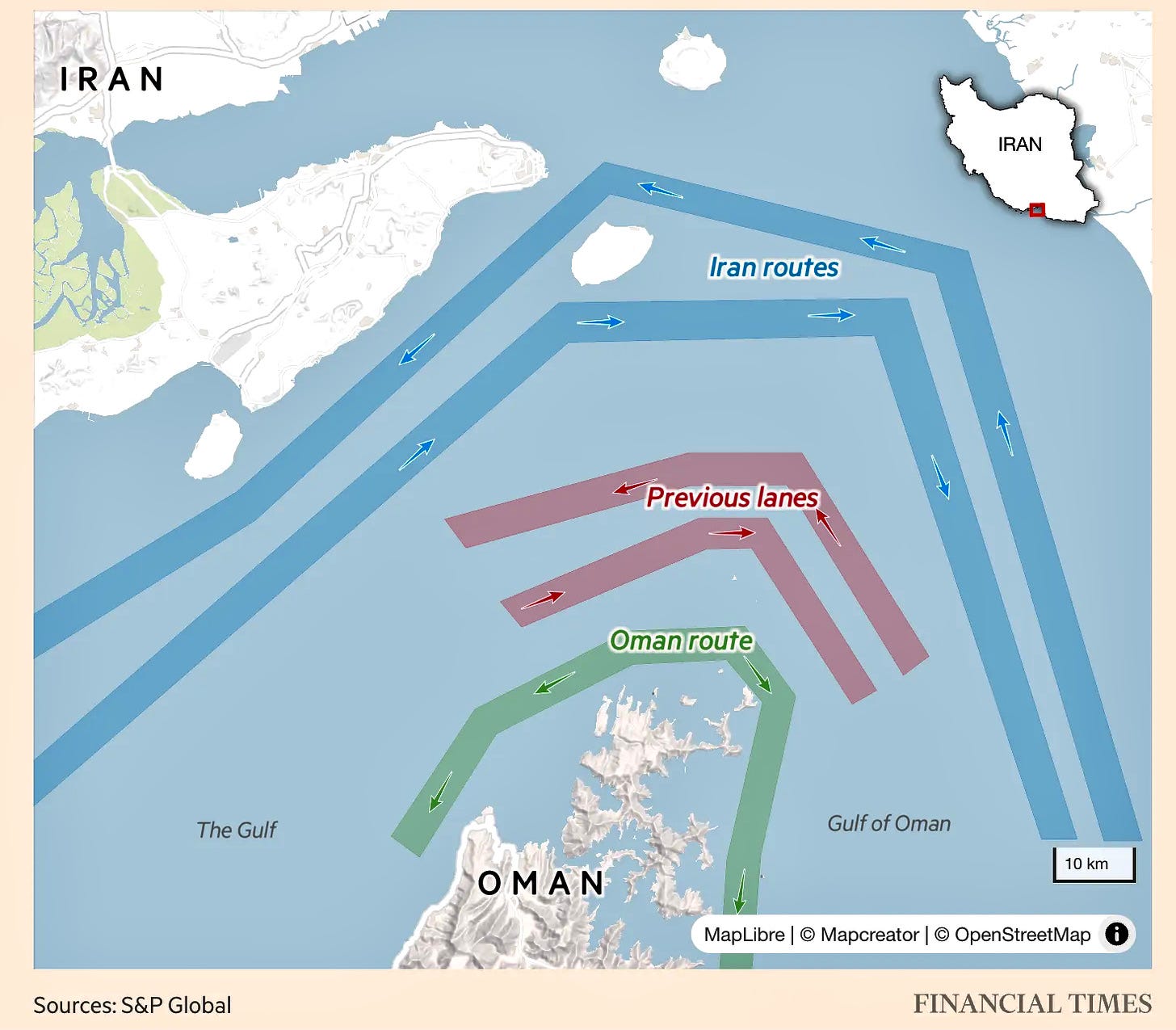A map showing three routes: One that hugs the Oman coast, a middle route used before the war, and a route that hugs Iran's coast A map showing three routes: One that hugs the Oman coast, a middle route used before the war, and a route that hugs Iran's coast