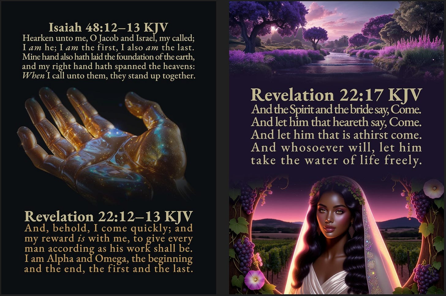 A two-panel card design with biblical verses and imagery. The left panel features the verses Isaiah 48:12–13 and Revelation 22:12–13 KJV, centered around a luminous, golden hand with a cosmic pattern. The right panel displays the verse Revelation 22:17 KJV over a composite image: the top shows a river representing the "water of life" in a purple landscape, and the bottom shows a beautiful bride in a veil against a vineyard, extending the invitation to "Come."