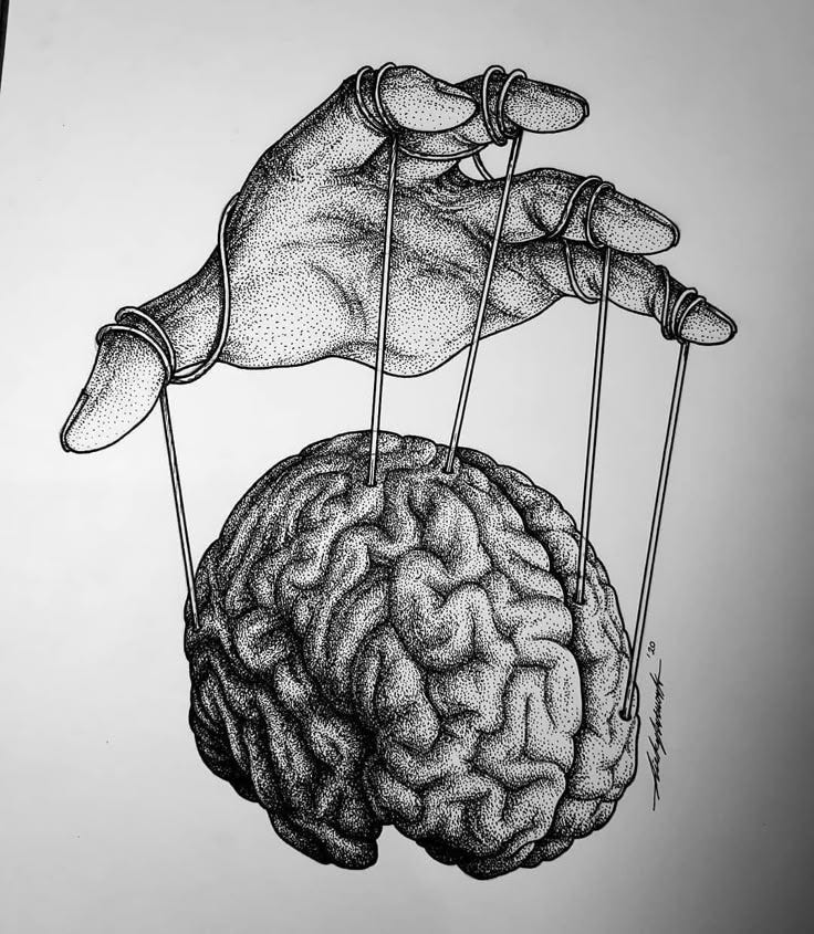 This may contain: a drawing of two hands holding strings connected to a human brain that is being held in the air