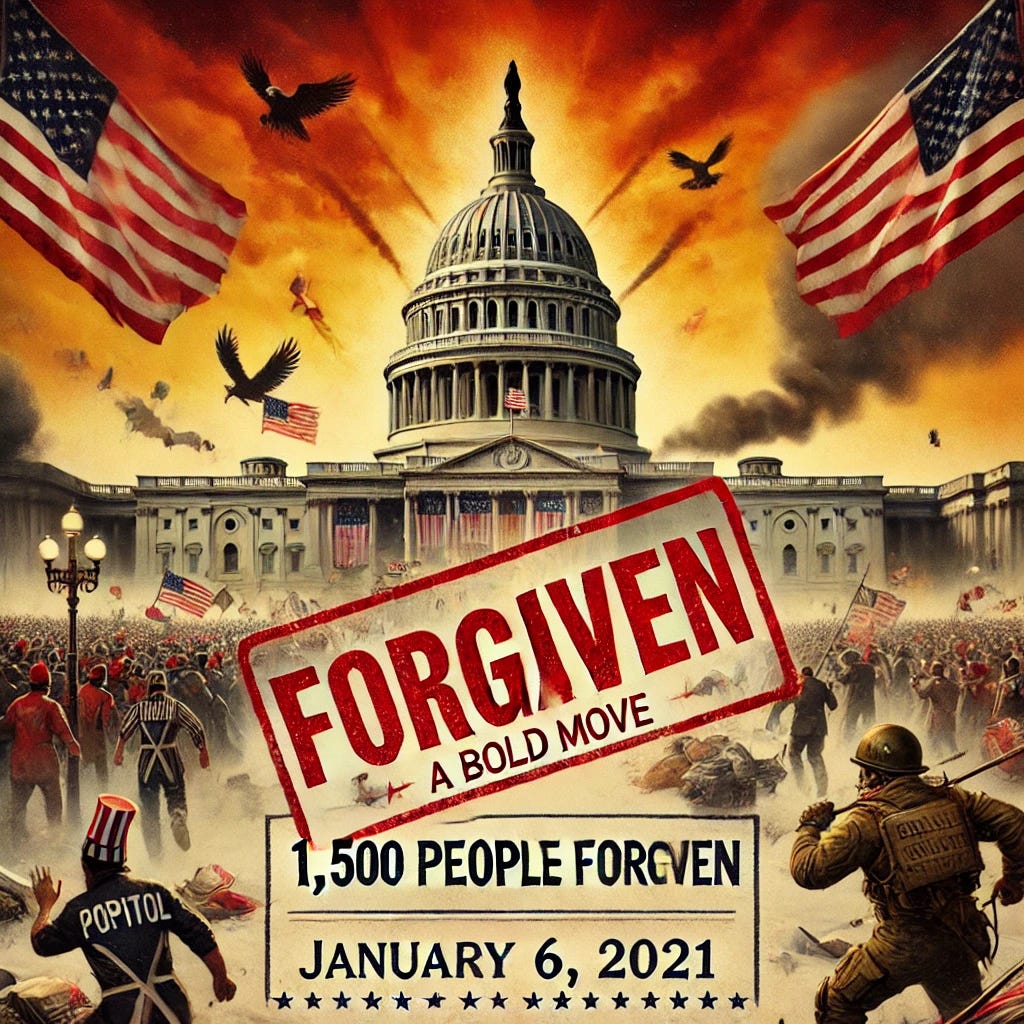 A visual representation of a chaotic scene at the U.S. Capitol, with protestors storming the building, flags waving, and a sense of disorder. In the foreground, there’s a large stamp or label that says 'Forgiven' to emphasize the pardoning aspect. The background includes the Capitol building with smoke in the air, symbolizing the Capitol riots of January 6, 2021. A subtle caption below reads, '1,500 People Forgiven: A Bold Move' to emphasize the large number of people affected by the decision. Use a vivid, dramatic color palette to highlight the intensity of the event.