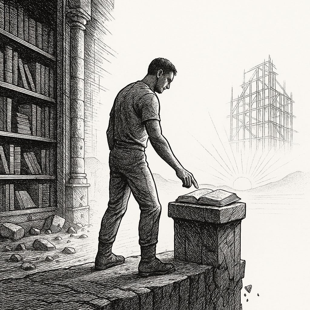 Man in a quiet library reaches for an open book on a stone pedestal as dawn and scaffolding rise, symbolizing action in the present that shapes legacy Man in a quiet library reaches for an open book on a stone pedestal as dawn and scaffolding rise, symbolizing action in the present that shapes legacy