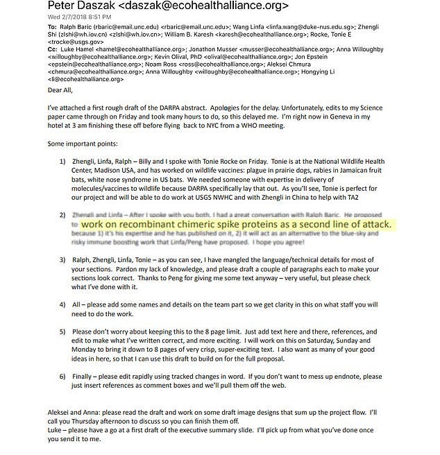 The above is an email from Peter Daszak to researchers included in the 2018 proposal
