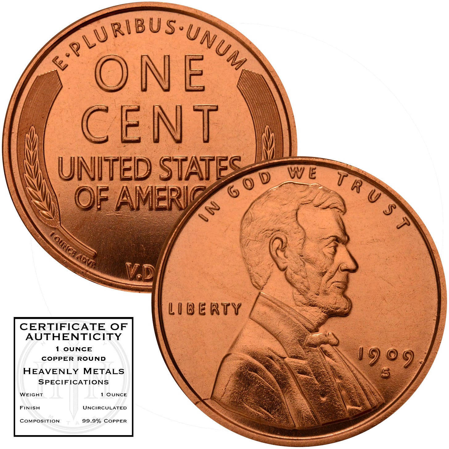 Amazon.com: Lincoln Wheat Cent 1909 S VDB Design 1 oz Pure .999 Copper  Round Collectible Jumbo 39mm Coin in Capsule - COA by Heavenly Metals :  Collectibles & Fine Art