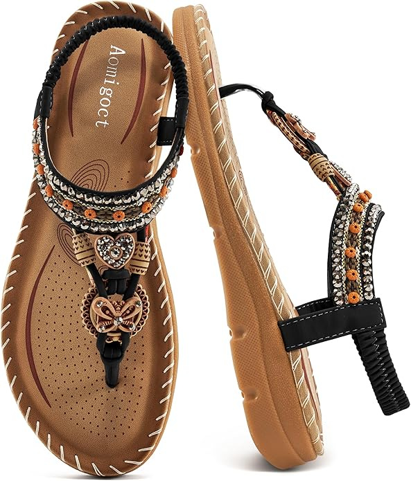 Aomigoct Sandals Women Flat Shoes: Dressy Summer Bohemian Flats Shoes for Women Sandals Comfortable Ankle Strap Outdoor Walking