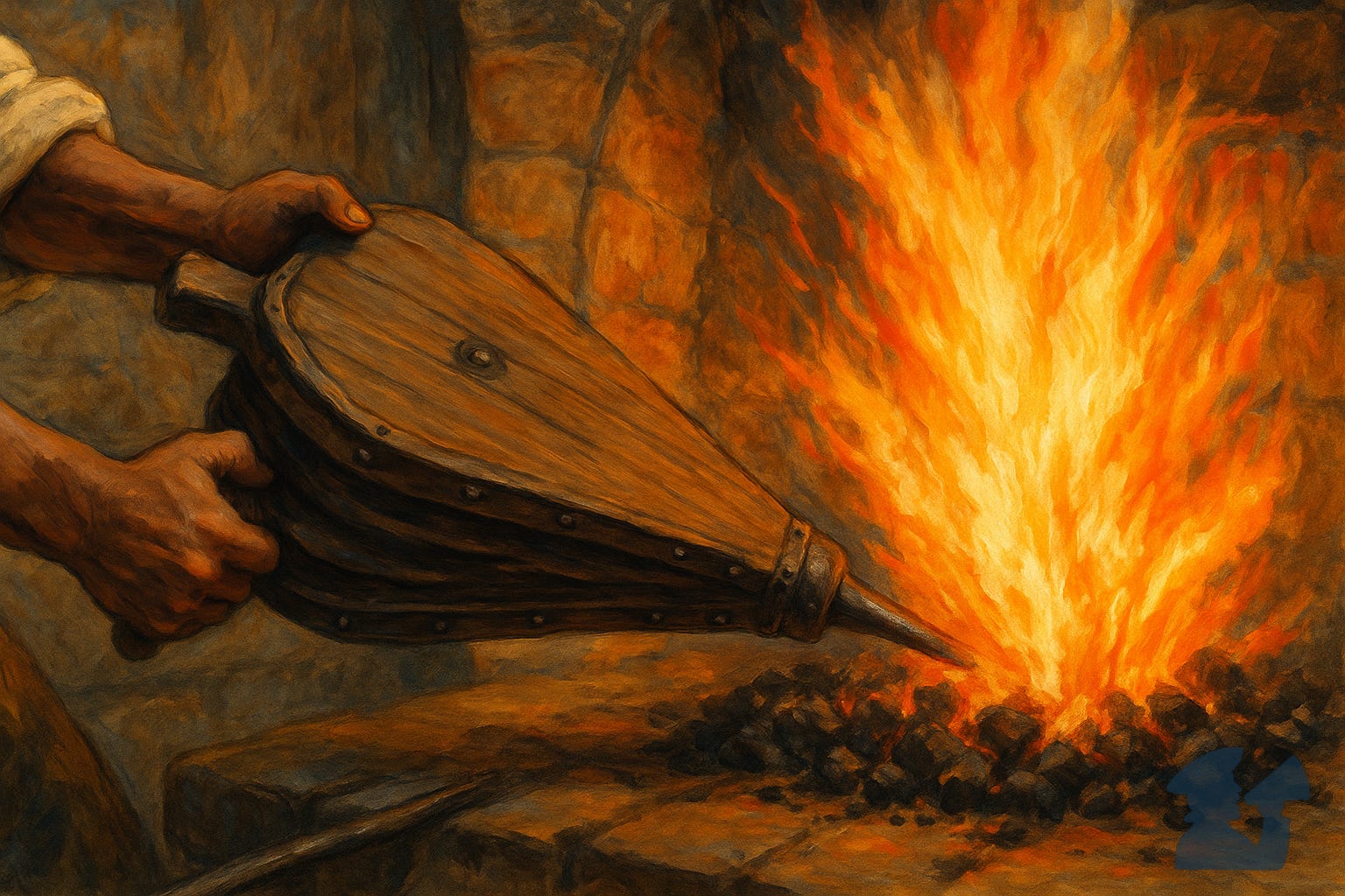 Illustration of a blacksmith pumping a bellows into a fire Illustration of a blacksmith pumping a bellows into a fire