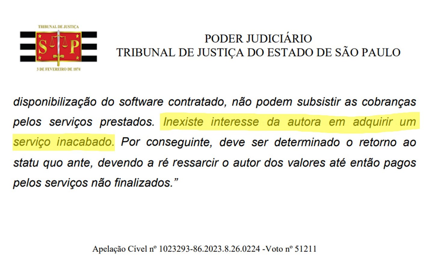 Captura de tela de decisão do Tribunal de Justiça de São Paulo destacando a frase “Inexiste interesse da autora em adquirir um serviço inacabado”, usada para ilustrar o conceito de obrigação de resultado em linguagem simples e acessível.