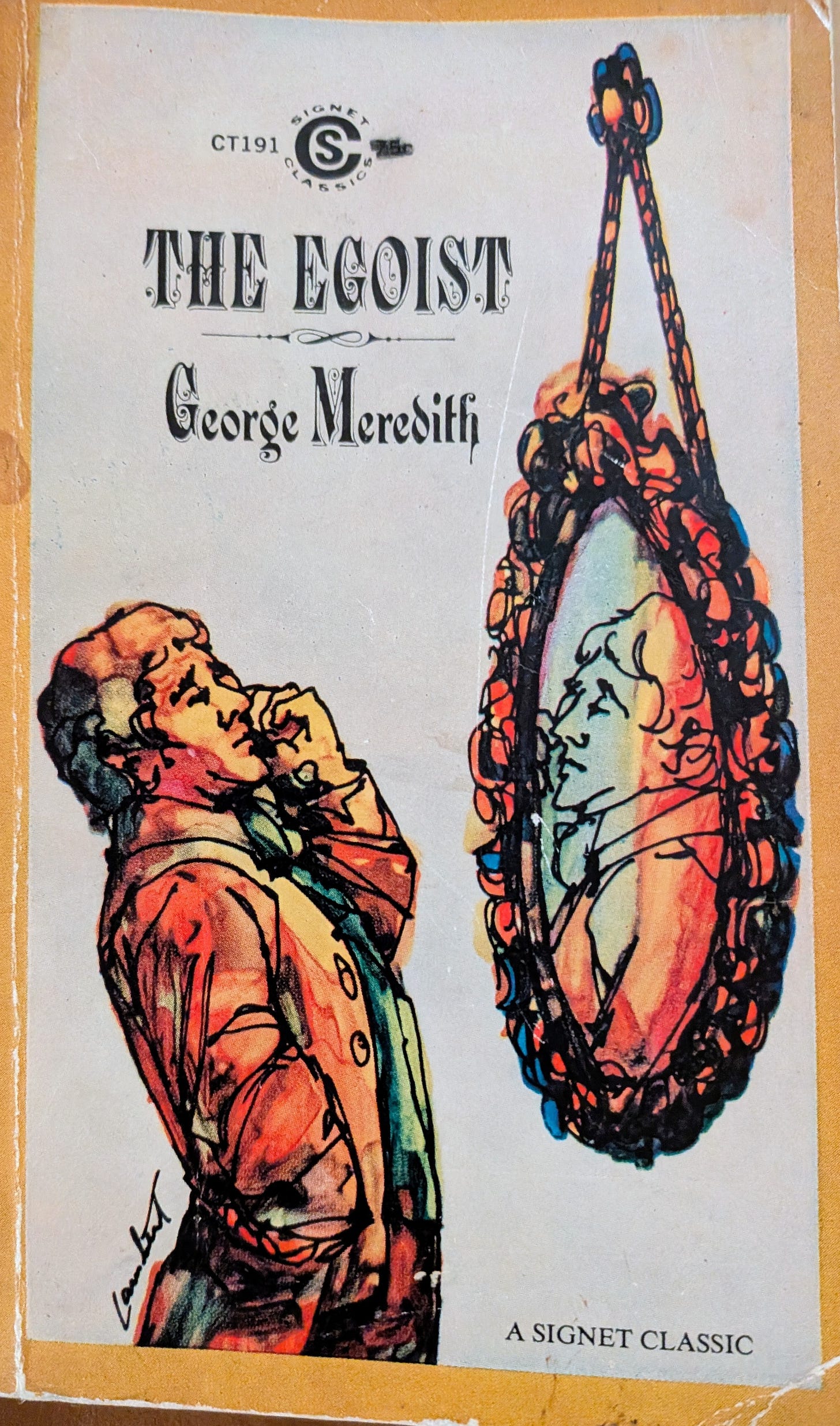 The cover of a paperback copy of George Meredith's The Egoist. The book is an older Signet Classic. It shows an illustration of a man admiring his reflection in a mirror.