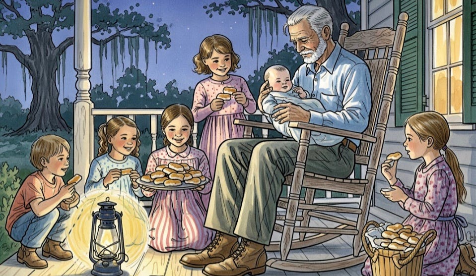 Elderly Cajun grandpa on porch with children telling them bed time stories from his rocking chair  by lantern light and eating dessert.