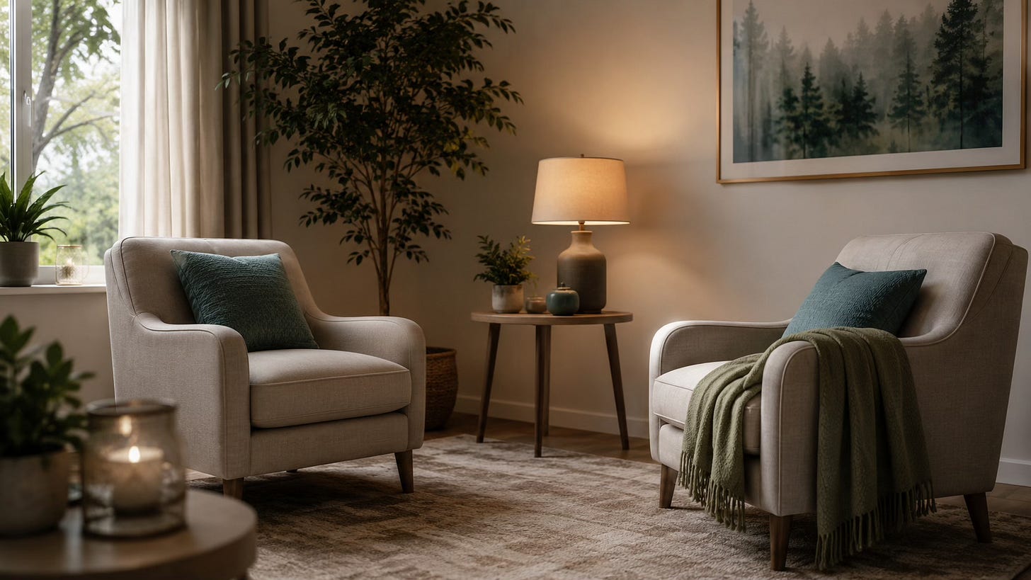 Two calm armchairs in a therapeutic coaching space, representing private Clinical EFT support.