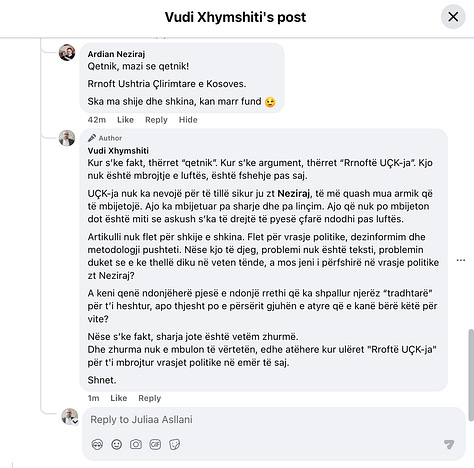 Galeria paraqet reagime reale nga publiku pas publikimit të hulumtimit, të cilat shërbejnë si dokumentim empirik i mënyrës se si funksionon delegjitimimi dhe frikësimit në hapësirën publike. Reagime publike të dokumentuara tregojnë zhvendosjen nga debat me fakte drejt etiketimeve, gjuhës së frikësimit dhe presionit personal, në përputhje me analizën e përshkruar në gjetjet hulumtuese të botuara më 4 Shkurt 2026.