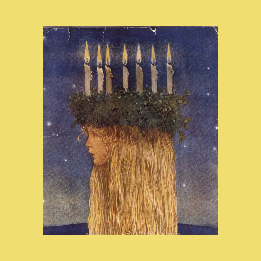 A portrait of a girl facing left, on her head is a wreath of greenery and seven candles, she is looking out on a dark night sky. 