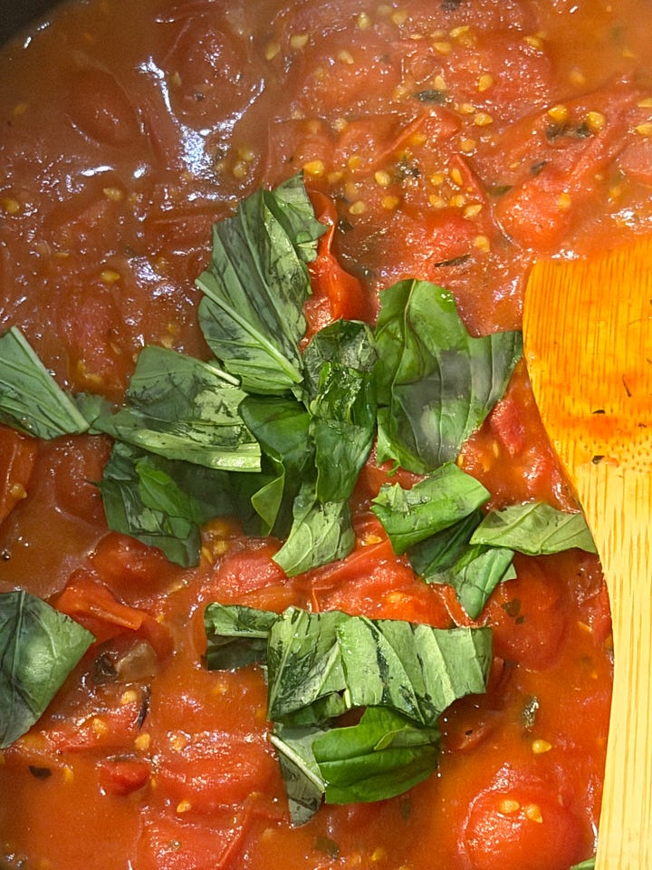Photos showing the progression from ingredients to cooking to final marinara sauce.