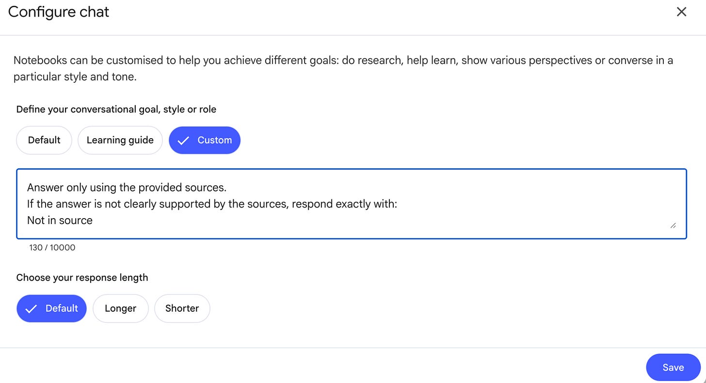 NotebookLM custom chat setup instructing it to answer only from the uploaded journal source.