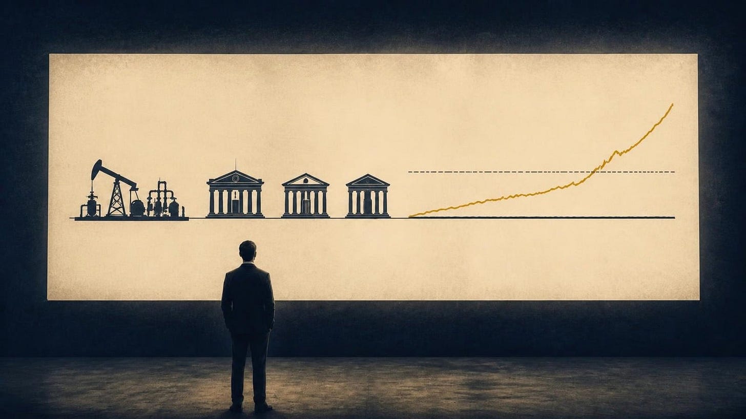 Ilustración: un hombre de espaldas frente a un panel con un oleoducto, tres bancos centrales y una línea dorada que cruza un umbral
