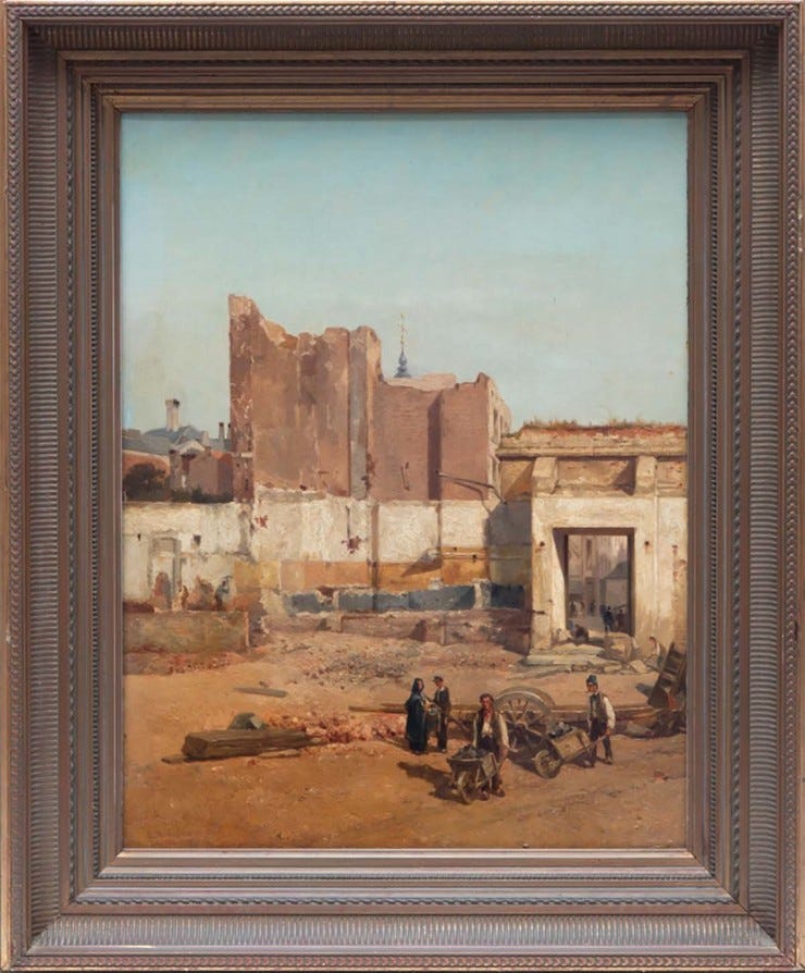 'Braakliggend terrein in Amsterdam met kruiers, poortje en kerktoren op achtergrond' 1893 - olieverf op doek: Lambertus Hardenberg (kavel 4527, Veilinggebouw De Zwaan, Amsterdam) 'Braakliggend terrein in Amsterdam met kruiers, poortje en kerktoren op achtergrond' 1893 - olieverf op doek: Lambertus Hardenberg (kavel 4527, Veilinggebouw De Zwaan, Amsterdam)