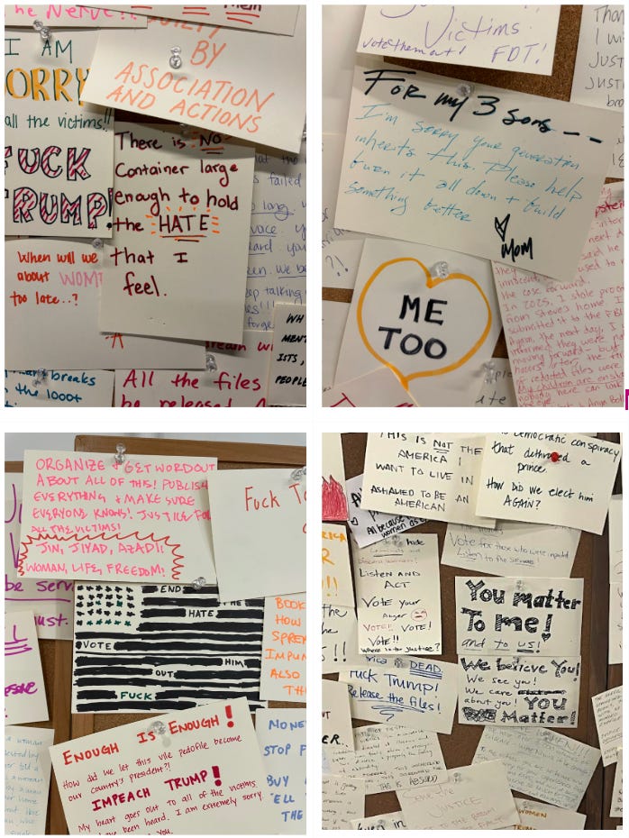 Four photos, in a grid, each showing a detail of the wall at the Trump & Epstein Memorial Reading room that is covered with notecards, with colorful handwritten messages from visitors. Messages include: "ME TOO," "There is no container large enough to hold the HATE that I feel," "You matter to me!" and more.