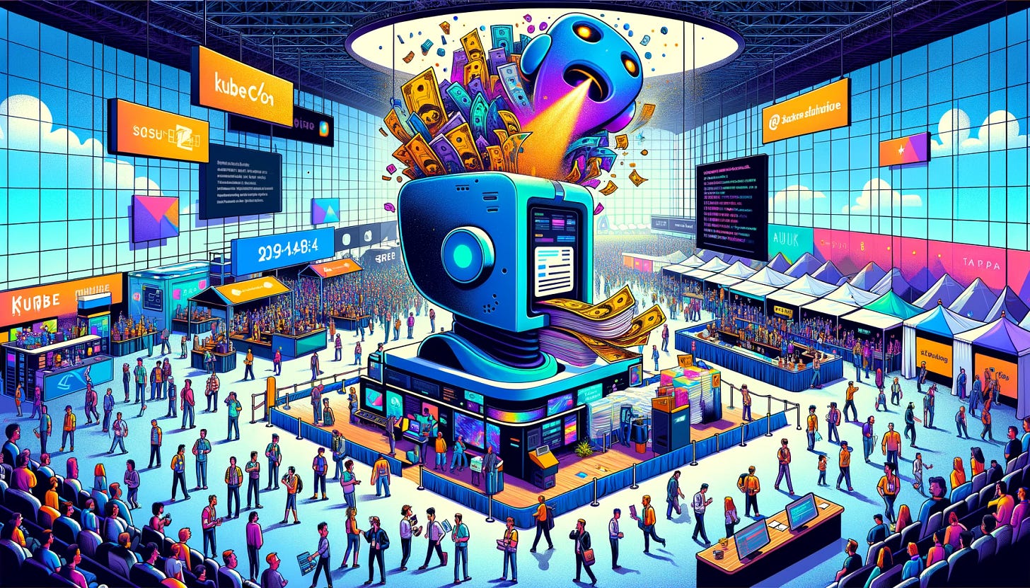 The scene is set at a tech conference, with a bustling, colorful expo hall filled with attendees and various innovative booths. In the foreground, a large, eye-catching display showcases AI technology with flashy graphics and holograms, drawing a crowd. Next to it, another booth humorously illustrates the woes of serverless computing, with a giant, animated bill spewing out of a printer, towering over a bewildered developer. In the background, a speaker's podium stands empty, with a sign indicating a missed talk at KubeCon, adding a touch of irony to the vibrant, chaotic atmosphere of technological advancement and the occasional mishaps that accompany it.