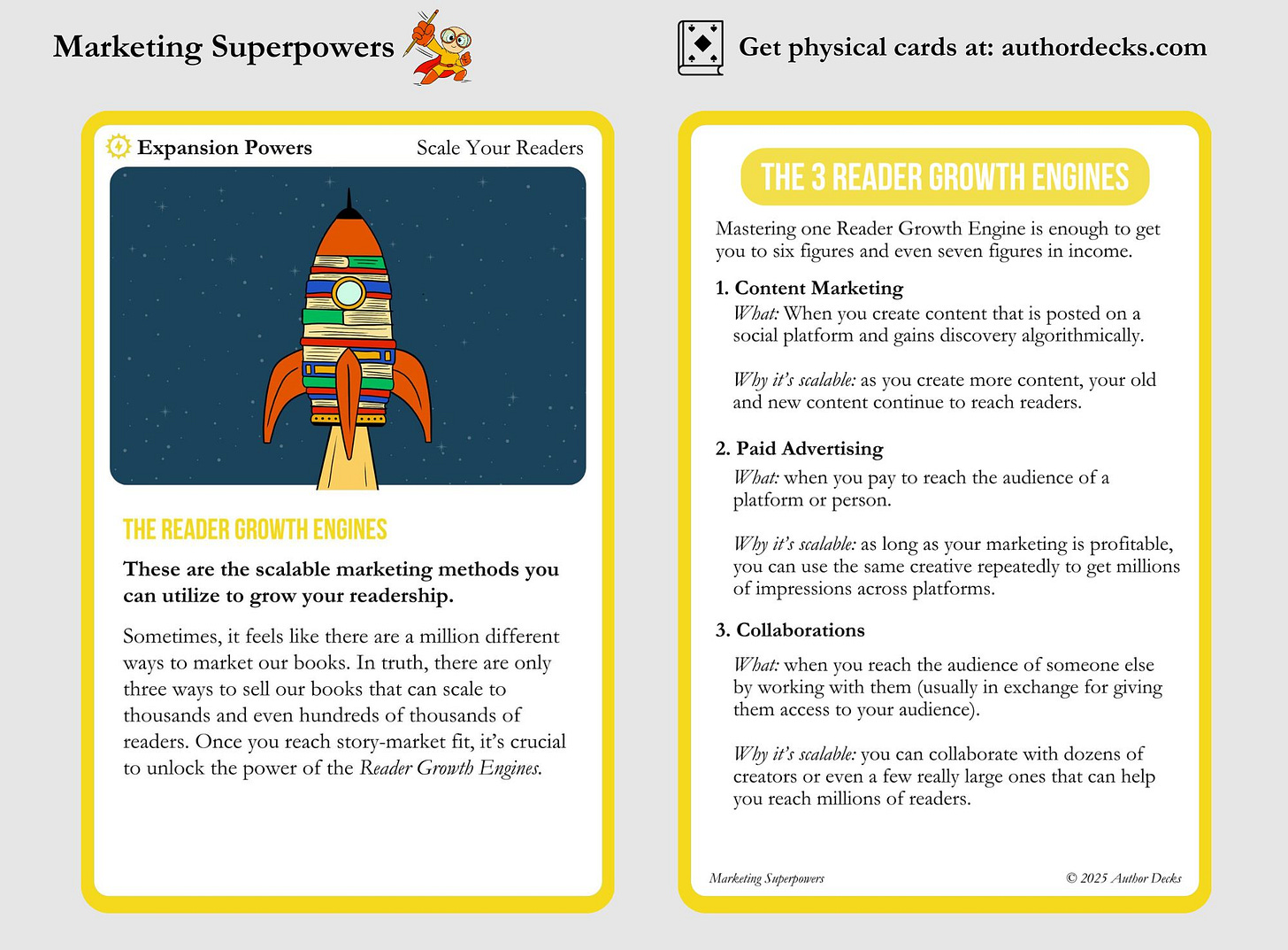 An illustrated marketing card titled “Marketing Superpowers” from Author Decks, focused on “Expansion Powers – Scale Your Readers.” The main image shows a rocket made of stacked books blasting off into space, symbolizing scalable growth.  The left side of the card introduces The Reader Growth Engines—the three core scalable methods for growing an author’s readership: 	1.	Content Marketing – creating content on social platforms to reach readers algorithmically. 	2.	Paid Advertising – paying to reach readers through platforms or influencers. 	3.	Collaborations – partnering with other creators to tap into their audiences.  The card emphasizes that although many marketing methods exist, only a few can scale to reach thousands or even millions. Mastering one of these engines can lead to six- or seven-figure success. The product is from authordecks.com.