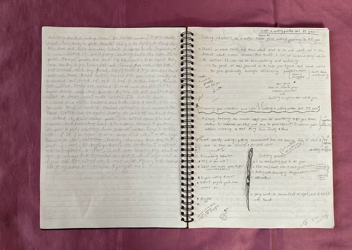 Closed notebook with colourful flora on a surface and opened notebook with scribbles and writings inside