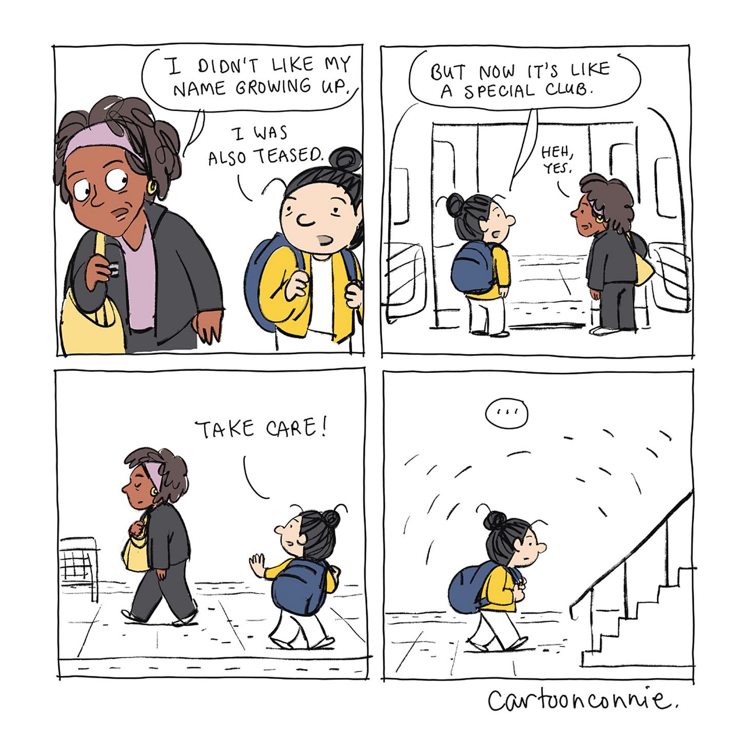 Panels 7-10/12 of a two-page diary comic about an encounter on a New York City subway in which Connie meets another Connie. Titled "City Diary, July 2026," by Connie Sun, cartoonconnie.