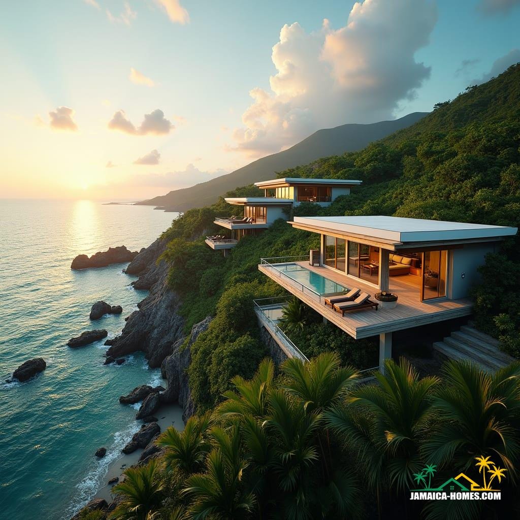 Elegant villas blend seamlessly into Jamaica's rugged coastline, their sleek, eco-friendly architecture a testament to luxury meeting sustainability, as warm, golden light dances across the lush tropical landscape, casting long shadows and illuminating the turquoise ocean